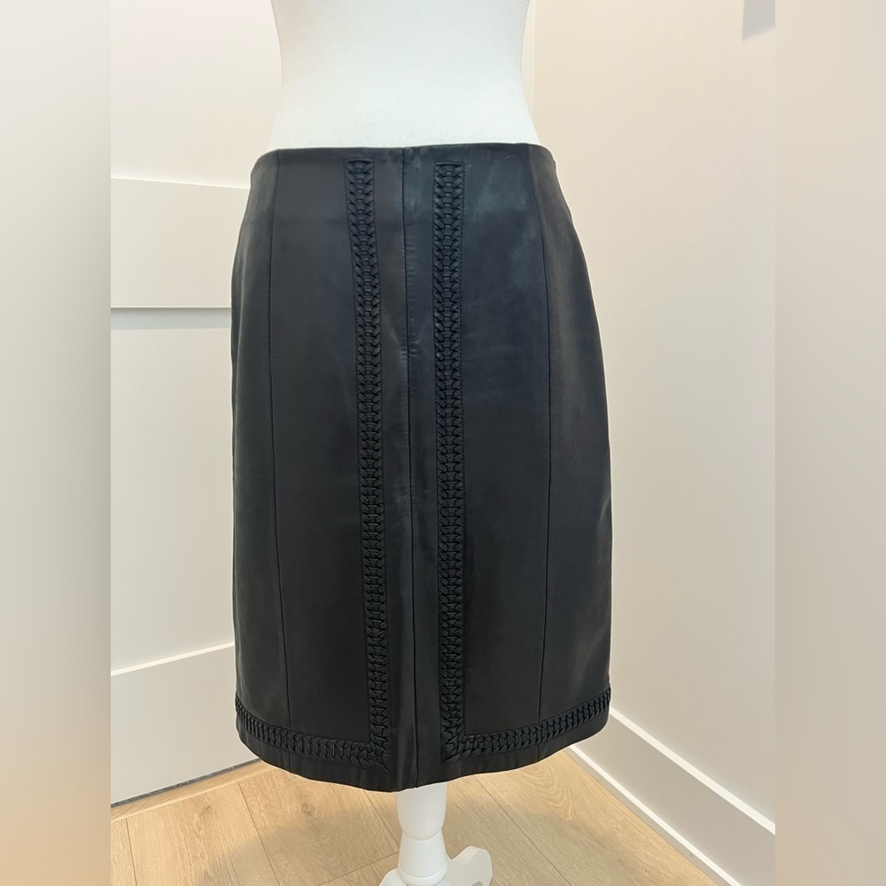 Vintage Casual Corner Black Leather Skirt with Braided Leather Embellishment 6